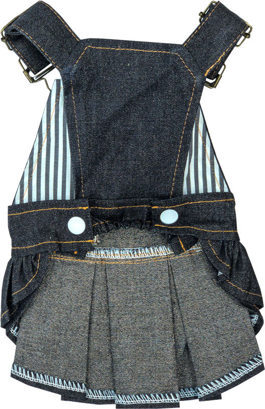 【犬服 犬 服 犬の服 秋服 冬服用】２段フリルのデニムワンピース【ジーンズ ストライプ 前開きボタン ドッグ ペット ウェア ダックス トイプードル チワワ タムベディ愛らしい】[CN][GI]0