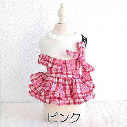 【犬服 犬 服 犬の服 春服 夏服用】３段フリルのチェックワンピース【リボン 襟 ドッグ ペット ウェア アウトレット ダックス トイプードル チワワ タムベディかわいい マルチーズ】[CN]