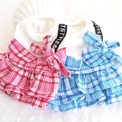 【犬服 犬 服 犬の服 春服 夏服用】３段フリルのチェックワンピース【リボン 襟 ドッグ ペット ウェア アウトレット ダックス トイプードル チワワ タムベディかわいい マルチーズ】[CN]