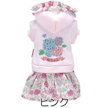 【犬服 犬 服 犬の服 名入れ 春服用】愛犬のお名前入り あじさいワンピース【フード 紫陽花 梅雨 お花 六月ドッグ ペット ウェア ダックス トイプードル チワワ タムベディ愛らしい ヨーキー】(H/)