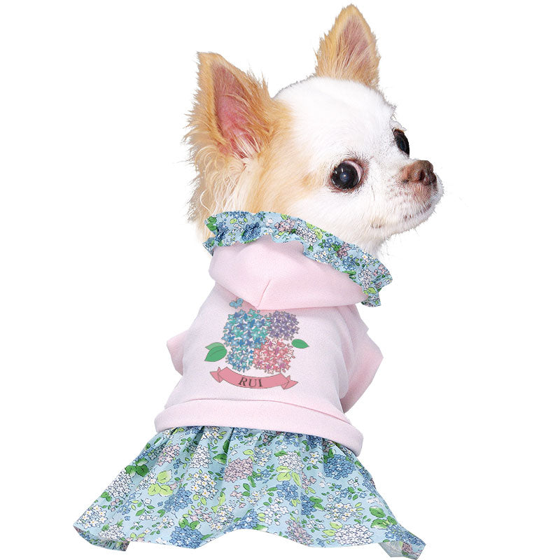 【犬服 犬 服 犬の服 名入れ 春服用】愛犬のお名前入り あじさいワンピース【フード 紫陽花 梅雨 お花 六月ドッグ ペット ウェア ダックス トイプードル チワワ タムベディ愛らしい ヨーキー】(H/)