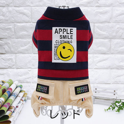 【犬服 犬 服 犬の服 秋服 冬服用】アップルスマイルつなぎ【ボタンボーダーニコちゃん ドッグ ペット ウェア ダックス トイプードル チワワ タムベディかっこいい ポメラニアン】[CN][GI]