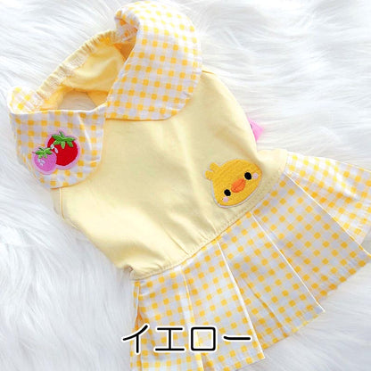 【犬服 犬 服 犬の服 春服 夏服用】アップリケがかわいいチェックワンピース【襟付き ひよこ ニワトリ イチゴドッグ ペット ウェア ダックス トイプードル チワワ タムベディ】[CN]