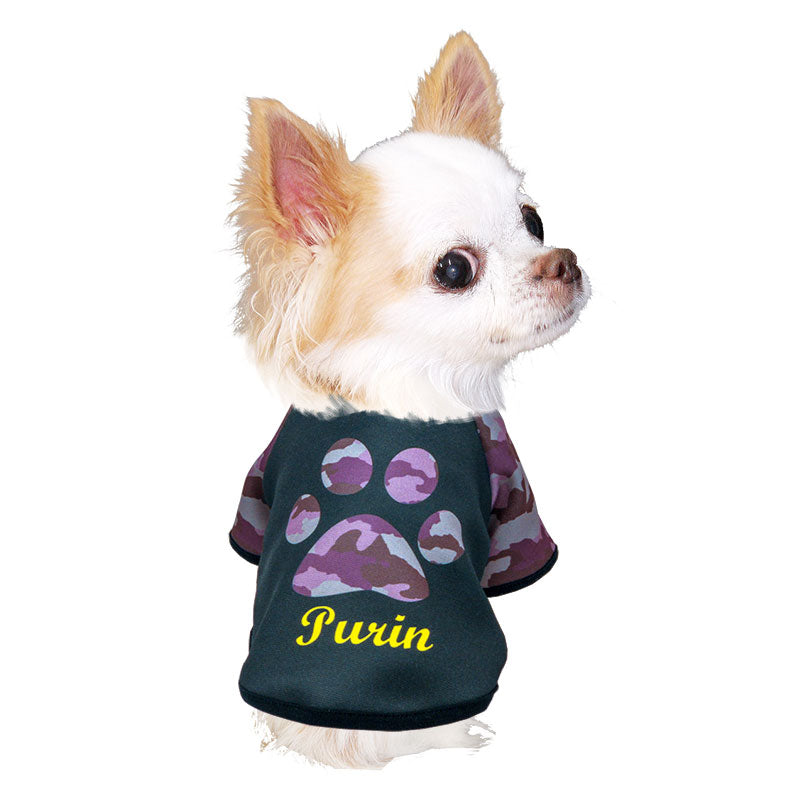 【犬服 犬 服 犬の服 名入れ 秋服 冬服用】愛犬のお名前入り ビッグスタンプラグランシャツ【カモフラ 肉球 迷彩ドッグ ペット ウェア ダックス トイプードル チワワ タムベディ パグ】(S/3/RA/H/)
