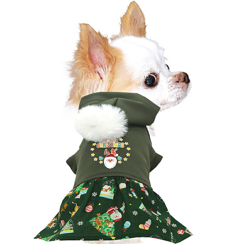 【犬服 犬 服 犬の服 名入れ 秋服 冬服用】愛犬のお名前入り ボンボンクリスマスワンピース【サンタクロース ツリー トナカイ マジックテープドッグ ペット ウェア ダックス トイプードル チワワ タムベディ おしゃれ 】(O/3/L/)