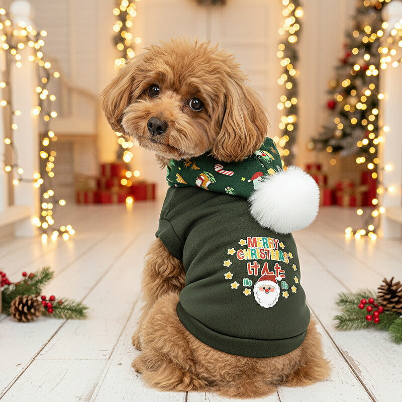【犬服 犬 服 犬の服 名入れ 秋服 冬服用】愛犬のお名前入り ボンボンクリスマスパーカー【サンタクロース ツリー トナカイ マジックテープ ドッグ ペット ウェア ダックス トイプードル チワワ タムベディ おしゃれ 】(O/3/L/)