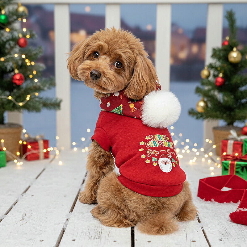【犬服 犬 服 犬の服 名入れ 秋服 冬服用】愛犬のお名前入り ボンボンクリスマスパーカー【サンタクロース ツリー トナカイ マジックテープ ドッグ ペット ウェア ダックス トイプードル チワワ タムベディ おしゃれ 】(O/3/L/)