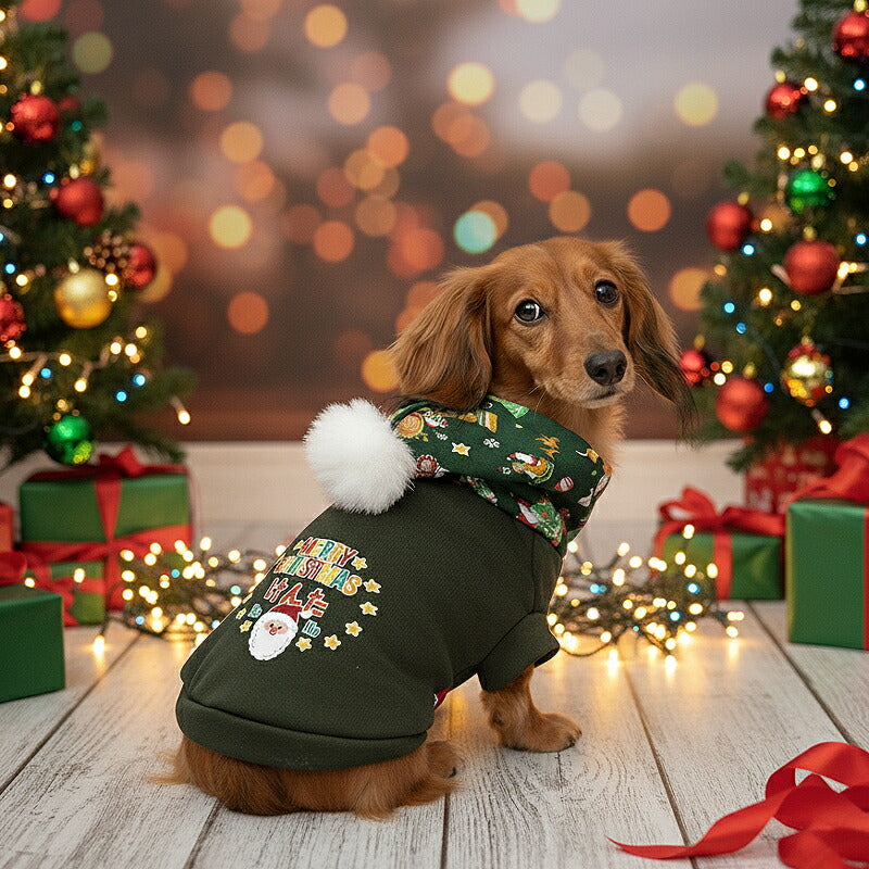 【犬服 犬 服 犬の服 名入れ 秋服 冬服用】愛犬のお名前入り ボンボンクリスマスパーカー【サンタクロース ツリー トナカイ マジックテープ ドッグ ペット ウェア ダックス トイプードル チワワ タムベディ おしゃれ 】(O/3/L/)