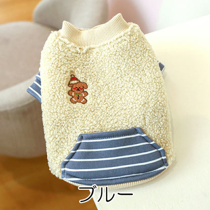 【犬服 犬 服 犬の服 秋服 冬服用】ボーダーポケットボア【前開き ワンポイント クリスマス しましま もこもこ 着脱楽ちん かわいいヨークシャー  タムベディ】[CN][GI]