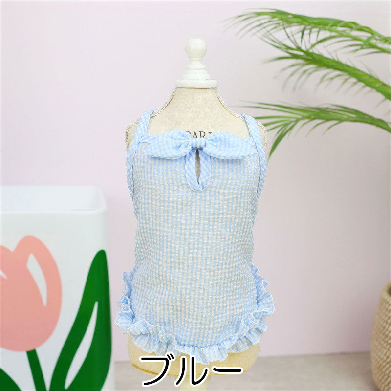 【犬服 犬 服 犬の服 春服 夏服用】チェックリボンリップルワンピース【爽やか 初夏 女の子 ドッグ ペット ウェア ダックス トイプードル チワワ タムベディキュート シーズー】[CN]