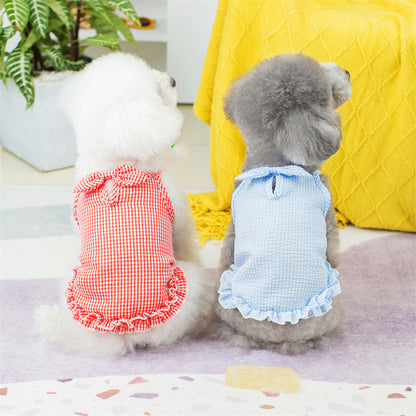 【犬服 犬 服 犬の服 春服 夏服用】チェックリボンリップルワンピース【爽やか 初夏 女の子 ドッグ ペット ウェア ダックス トイプードル チワワ タムベディキュート シーズー】[CN]