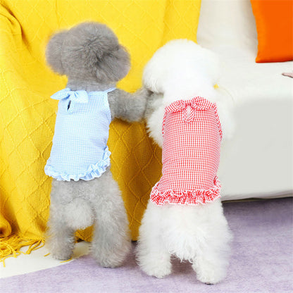 【犬服 犬 服 犬の服 春服 夏服用】チェックリボンリップルワンピース【爽やか 初夏 女の子 ドッグ ペット ウェア ダックス トイプードル チワワ タムベディキュート シーズー】[CN]