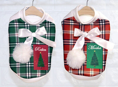 【犬服 犬 服 犬の服 秋服 冬服用】愛犬のお名前入り チェックツリーリボンシャツ【クリスマス ツリー ポンポン フワフワ 日本製ドッグ ペット ウェア ダックス トイプードル チワワ タムベディ ポメラニアン】(S/3/RI/H/)