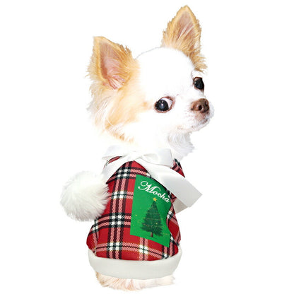 【犬服 犬 服 犬の服 秋服 冬服用】愛犬のお名前入り チェックツリーリボンシャツ【クリスマス ツリー ポンポン フワフワ 日本製ドッグ ペット ウェア ダックス トイプードル チワワ タムベディ ポメラニアン】(S/3/RI/H/)