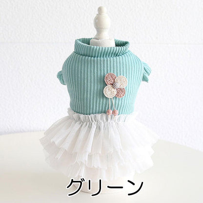 【犬服 犬 服 犬の服 秋服 冬服用】クレープチュールワンピース【裏起毛 フリル ニット モチーフ 女の子 ドッグ ペット ウェア ダックス トイプードル チワワ タムベディ 愛らしい】[CN][GI]