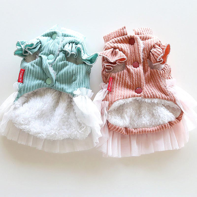 【犬服 犬 服 犬の服 秋服 冬服用】クレープチュールワンピース【裏起毛 フリル ニット モチーフ 女の子 ドッグ ペット ウェア ダックス トイプードル チワワ タムベディ 愛らしい】[CN][GI]