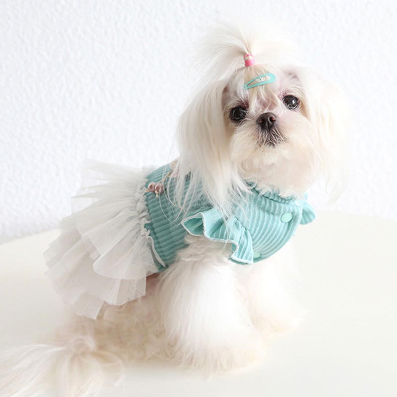 【犬服 犬 服 犬の服 秋服 冬服用】クレープチュールワンピース【裏起毛 フリル ニット モチーフ 女の子 ドッグ ペット ウェア ダックス トイプードル チワワ タムベディ 愛らしい】[CN][GI]