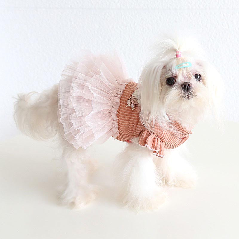 【犬服 犬 服 犬の服 秋服 冬服用】クレープチュールワンピース【裏起毛 フリル ニット モチーフ 女の子 ドッグ ペット ウェア ダックス トイプードル チワワ タムベディ 愛らしい】[CN][GI]