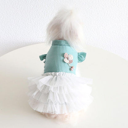 【犬服 犬 服 犬の服 秋服 冬服用】クレープチュールワンピース【裏起毛 フリル ニット モチーフ 女の子 ドッグ ペット ウェア ダックス トイプードル チワワ タムベディ 愛らしい】[CN][GI]
