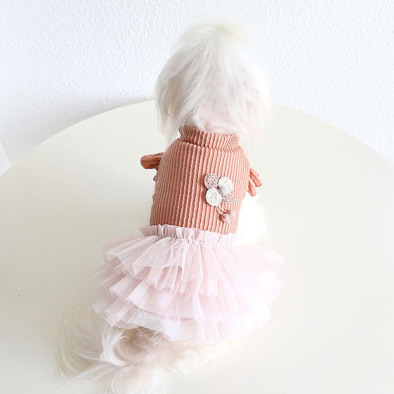 【犬服 犬 服 犬の服 秋服 冬服用】クレープチュールワンピース【裏起毛 フリル ニット モチーフ 女の子 ドッグ ペット ウェア ダックス トイプードル チワワ タムベディ 愛らしい】[CN][GI]