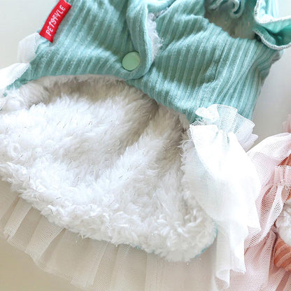 【犬服 犬 服 犬の服 秋服 冬服用】クレープチュールワンピース【裏起毛 フリル ニット モチーフ 女の子 ドッグ ペット ウェア ダックス トイプードル チワワ タムベディ 愛らしい】[CN][GI]