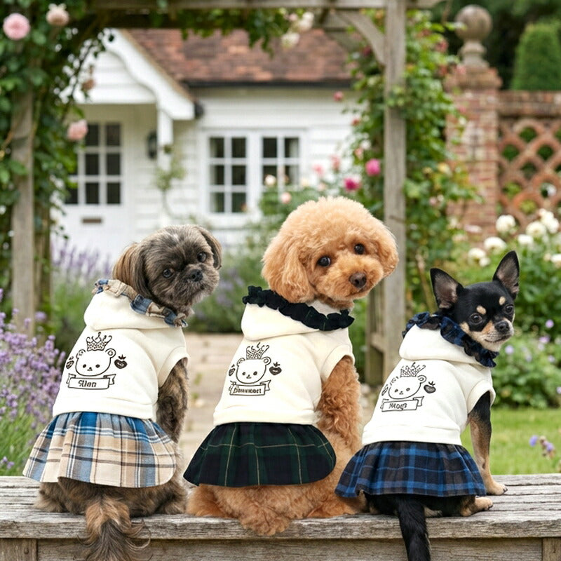 【犬服 犬 服 犬の服 名入れ 秋服 冬服用】愛犬のお名前入り クラウンベアワンピース【フリル チェック くま 王冠ドッグ ペット ウェア ダックス トイプードル チワワ タムベディ かわいい ポメラニアン】(O/F/H/)
