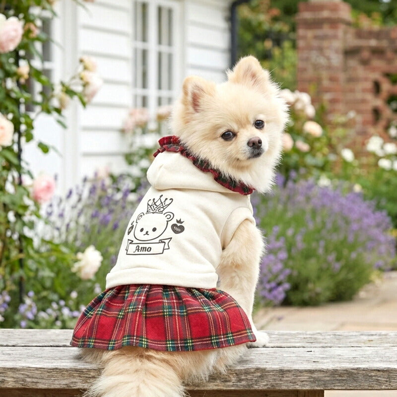 【犬服 犬 服 犬の服 名入れ 秋服 冬服用】愛犬のお名前入り クラウンベアワンピース【フリル チェック くま 王冠ドッグ ペット ウェア ダックス トイプードル チワワ タムベディ かわいい ポメラニアン】(O/F/H/)