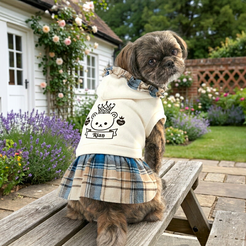 【犬服 犬 服 犬の服 名入れ 秋服 冬服用】愛犬のお名前入り クラウンベアワンピース【フリル チェック くま 王冠ドッグ ペット ウェア ダックス トイプードル チワワ タムベディ かわいい ポメラニアン】(O/F/H/)