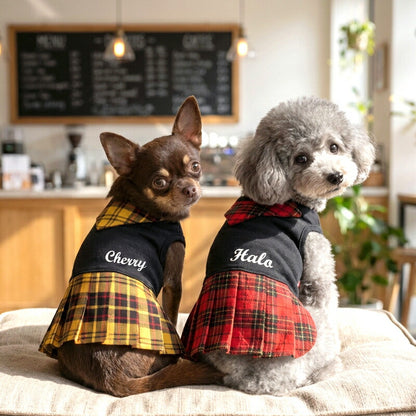 【犬服 犬 服 犬の服 名入れ 秋服 冬服用】愛犬のお名前入り キュートネックワンピース2【スカーフチェックプリーツおしゃれドッグ ペット ウェア ダックス トイプードル チワワ タムベディ美しい パピヨン】(O/F/L/)