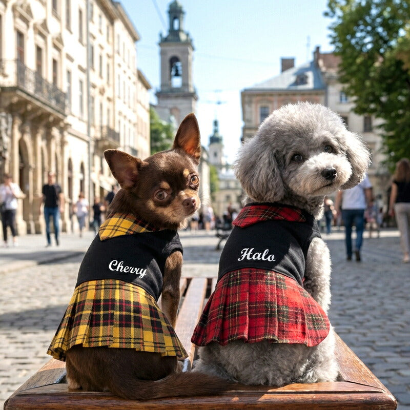 【犬服 犬 服 犬の服 名入れ 秋服 冬服用】愛犬のお名前入り キュートネックワンピース2【スカーフチェックプリーツおしゃれドッグ ペット ウェア ダックス トイプードル チワワ タムベディ美しい パピヨン】(O/F/L/)