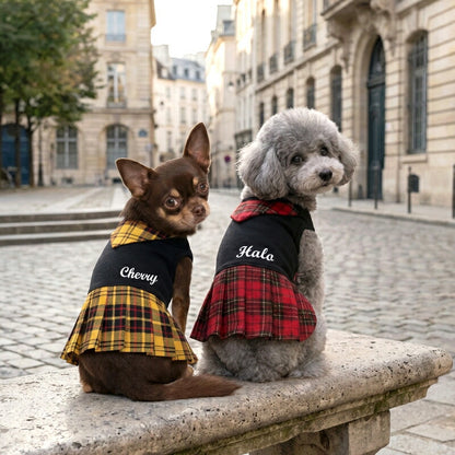 【犬服 犬 服 犬の服 名入れ 秋服 冬服用】愛犬のお名前入り キュートネックワンピース2【スカーフチェックプリーツおしゃれドッグ ペット ウェア ダックス トイプードル チワワ タムベディ美しい パピヨン】(O/F/L/)