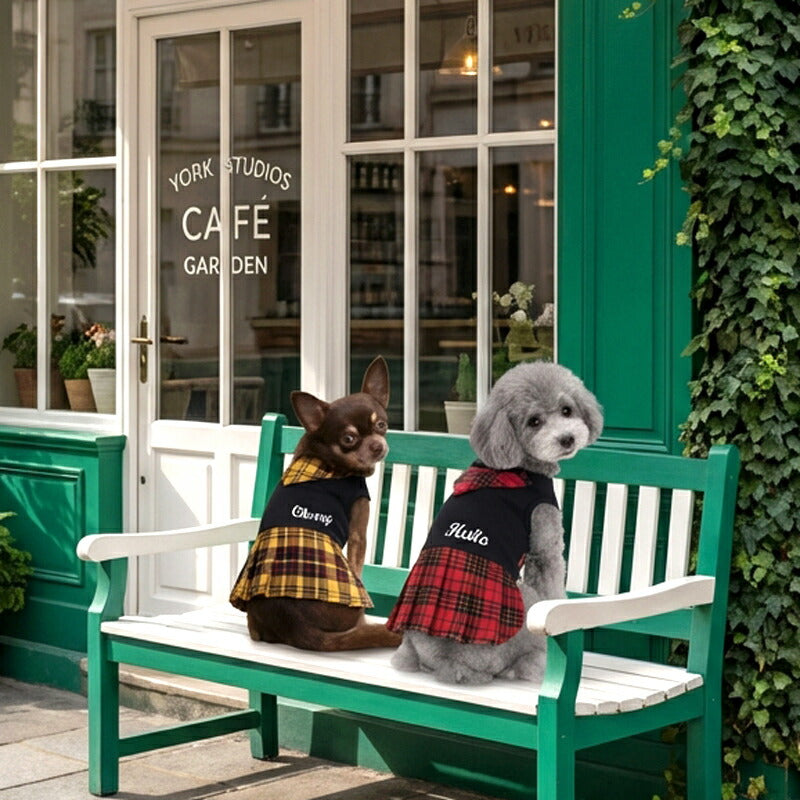 【犬服 犬 服 犬の服 名入れ 秋服 冬服用】愛犬のお名前入り キュートネックワンピース2【スカーフチェックプリーツおしゃれドッグ ペット ウェア ダックス トイプードル チワワ タムベディ美しい パピヨン】(O/F/L/)