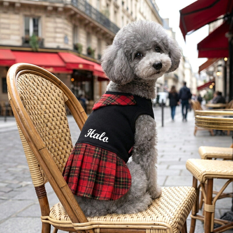 【犬服 犬 服 犬の服 名入れ 秋服 冬服用】愛犬のお名前入り キュートネックワンピース2【スカーフチェックプリーツおしゃれドッグ ペット ウェア ダックス トイプードル チワワ タムベディ美しい パピヨン】(O/F/L/)