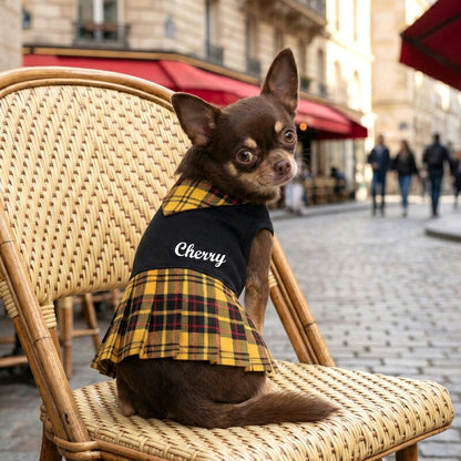 【犬服 犬 服 犬の服 名入れ 秋服 冬服用】愛犬のお名前入り キュートネックワンピース2【スカーフチェックプリーツおしゃれドッグ ペット ウェア ダックス トイプードル チワワ タムベディ美しい パピヨン】(O/F/L/)