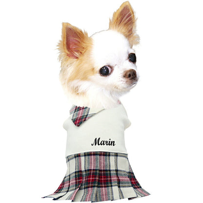 【犬服 犬 服 犬の服 名入れ 春秋服 冬服用】愛犬のお名前入り キュートネックホワイトワンピース【スカーフ チェック プリーツ スカート ドッグ ペット ウェア トイプードル チワワ タムベディ パピヨン】(O/H/)