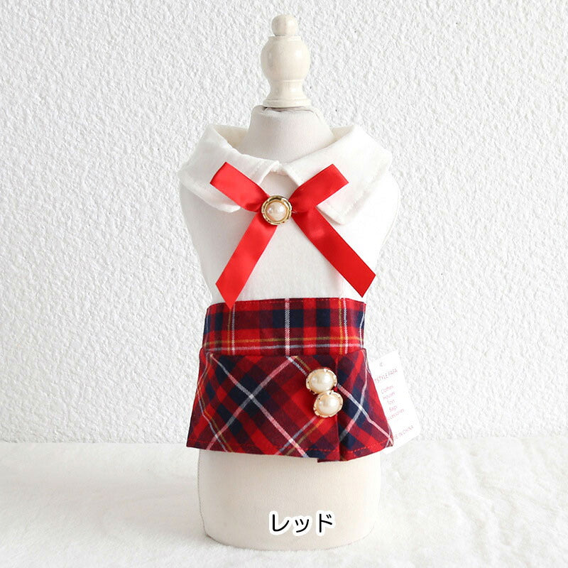 【犬服 犬 服 犬の服 名入れ 秋服 冬服用】キュートリボンワンピース【ドッグウェア 丸襟 ボタン チェック 春服 夏服用 ドッグ ペット ダックス トイプードル チワワ タムベディおしゃれ】[CN][GI]