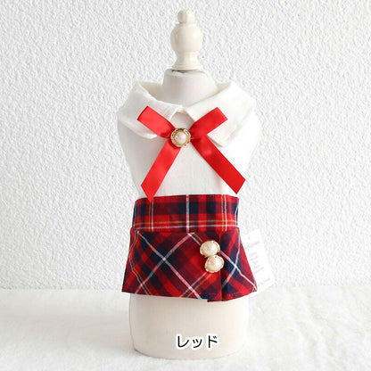 【犬服 犬 服 犬の服 名入れ 秋服 冬服用】キュートリボンワンピース【ドッグウェア 丸襟 ボタン チェック 春服 夏服用 ドッグ ペット ダックス トイプードル チワワ タムベディおしゃれ】[CN][GI]