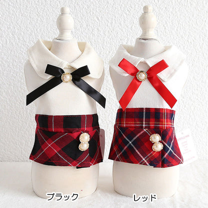 【犬服 犬 服 犬の服 名入れ 秋服 冬服用】キュートリボンワンピース【ドッグウェア 丸襟 ボタン チェック 春服 夏服用 ドッグ ペット ダックス トイプードル チワワ タムベディおしゃれ】[CN][GI]