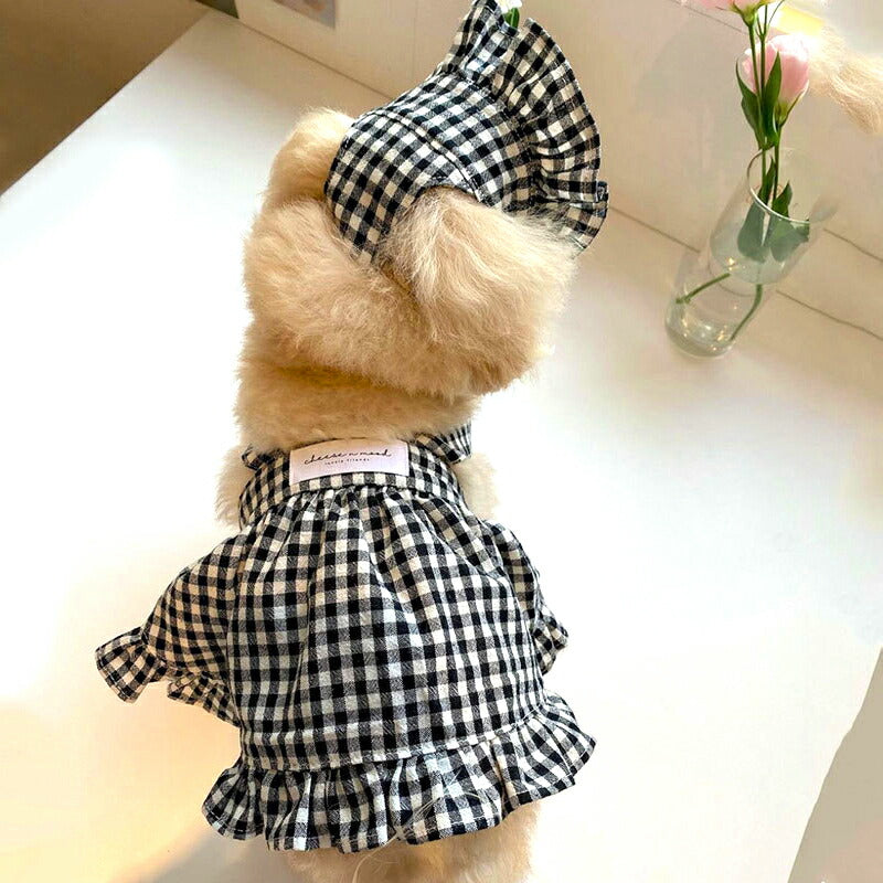 【犬服 犬 服 犬の服 春服 夏服用】アンサンブルワンピース【ブラウス 帽子 チェック フリルドッグ ペット ウェア ダックス トイプードル チワワ タムベディかわいい マルチーズ】[CN]