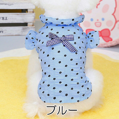 【犬服 犬 服 犬の服 春秋服 夏服用】《名入れ可能》襟と袖がかわいいフリルのリボンシャツ【前開きボタン ドット淡いカラードッグ ペット ウェア ダックス トイプードル チワワ タムベディ】[CN]