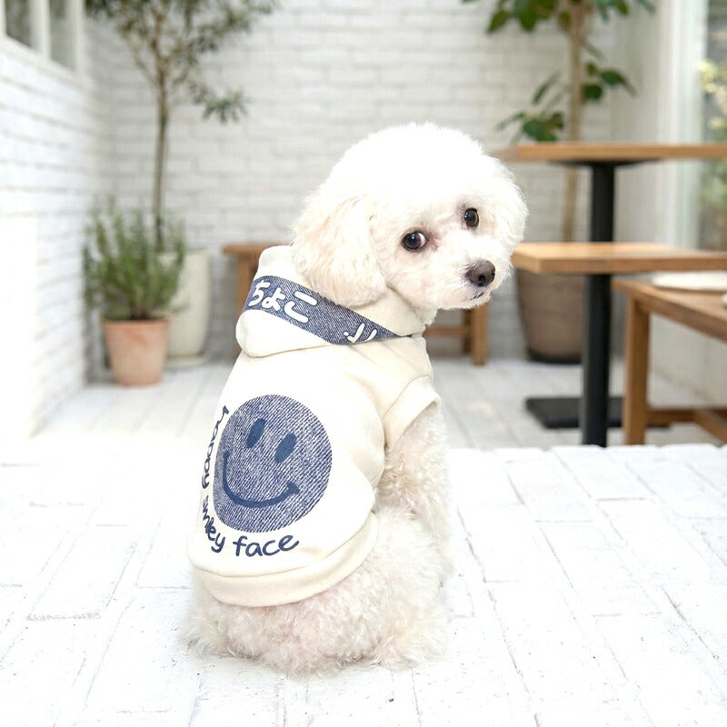 【犬服 犬 服 犬の服 秋服 冬服用】愛犬のお名前入り ハッピースマイリーフェイスパーカー【ニコちゃん プリント おしゃれ 星 デニム 日本製 ドッグ ペット ウェア ダックス トイプードル チワワ タムベディ】(S/3/RI/H)