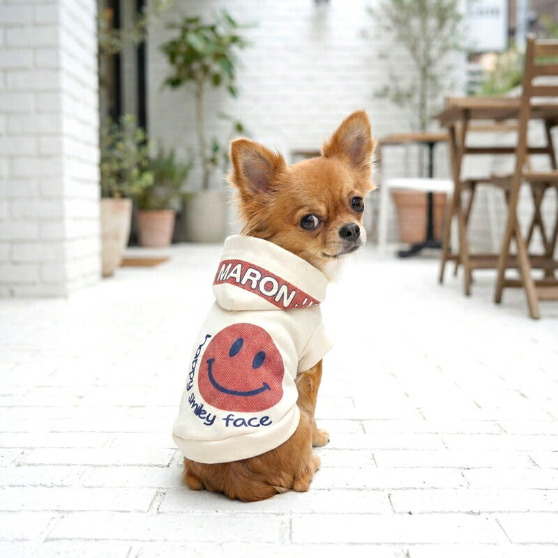 【犬服 犬 服 犬の服 秋服 冬服用】愛犬のお名前入り ハッピースマイリーフェイスパーカー【ニコちゃん プリント おしゃれ 星 デニム 日本製 ドッグ ペット ウェア ダックス トイプードル チワワ タムベディ】(S/3/RI/H)