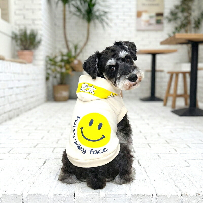 【犬服 犬 服 犬の服 秋服 冬服用】愛犬のお名前入り ハッピースマイリーフェイスパーカー【ニコちゃん プリント おしゃれ 星 デニム 日本製 ドッグ ペット ウェア ダックス トイプードル チワワ タムベディ】(S/3/RI/H)
