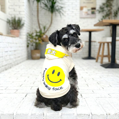 【犬服 犬 服 犬の服 秋服 冬服用】愛犬のお名前入り ハッピースマイリーフェイスパーカー【ニコちゃん プリント おしゃれ 星 デニム 日本製 ドッグ ペット ウェア ダックス トイプードル チワワ タムベディ】(S/3/RI/H)