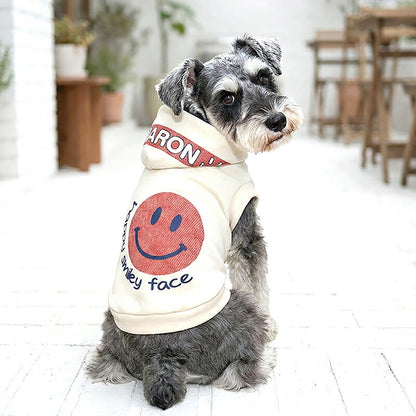 【犬服 犬 服 犬の服 秋服 冬服用】愛犬のお名前入り ハッピースマイリーフェイスパーカー【ニコちゃん プリント おしゃれ 星 デニム 日本製 ドッグ ペット ウェア ダックス トイプードル チワワ タムベディ】(S/3/RI/H)