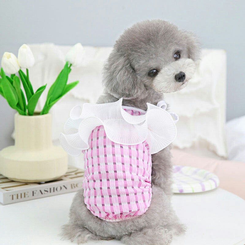 【犬服 犬 服 犬の服 春服 夏服用】ひらひらキャミソール【チェック フリル 女の子ドッグ ペット ウェア ダックス トイプードル チワワ タムベディ愛らしい ポメラニアン】[CN]