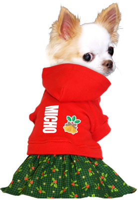【犬服 犬 服 秋冬 犬の服 名入れ】愛犬のお名前入り ホーリーナイト ワンピース【ドッグウェア クリスマス 柊 ベル レッド 女の子 トイプードル チワワ ダックス おしゃれ シーズー タムベディ】(L/)