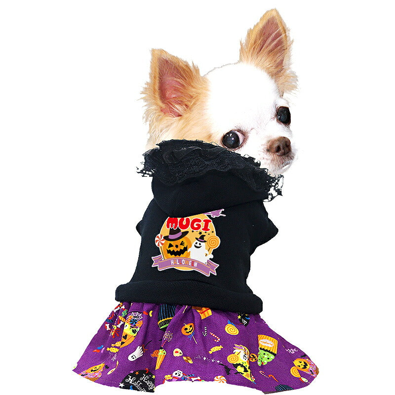【犬服 犬 服 犬の服 名入れ 秋服 冬服用】愛犬のお名前入り ハロウィンムーンワンピース【かぼちゃ オバケ 月 レース 女の子ドッグ ペット ウェア ダックス トイプードル チワワ タムベディ かわいい パピヨン】(O/F/W/L)