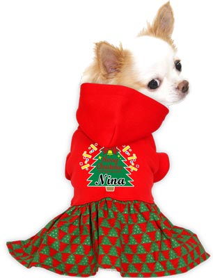 【犬服 犬 服 秋冬 犬の服 名入れ】愛犬のお名前入り ハッピーツリー つなぎ＆ワンピース[GI]【クリスマス ドッグウェア ペット リボン トイプードル チワワ ダックス おしゃれ ポメラニアン タムベディ】(L/)