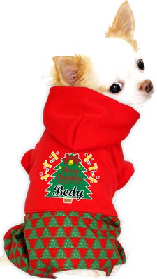 【犬服 犬 服 秋冬 犬の服 名入れ】愛犬のお名前入り ハッピーツリー つなぎ＆ワンピース[GI]【クリスマス ドッグウェア ペット リボン トイプードル チワワ ダックス おしゃれ ポメラニアン タムベディ】(L/)